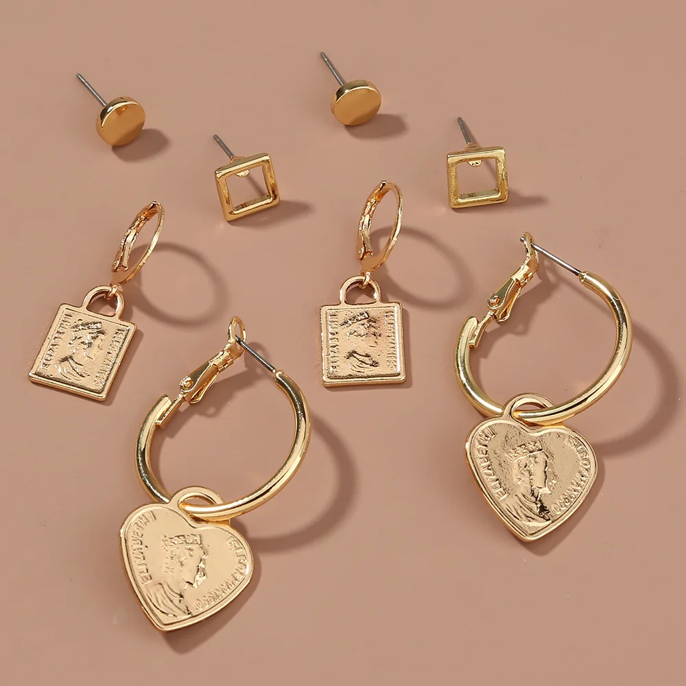 

4 Pairs/set women jewelry gold geometric portrait heart stud hoop earrings set