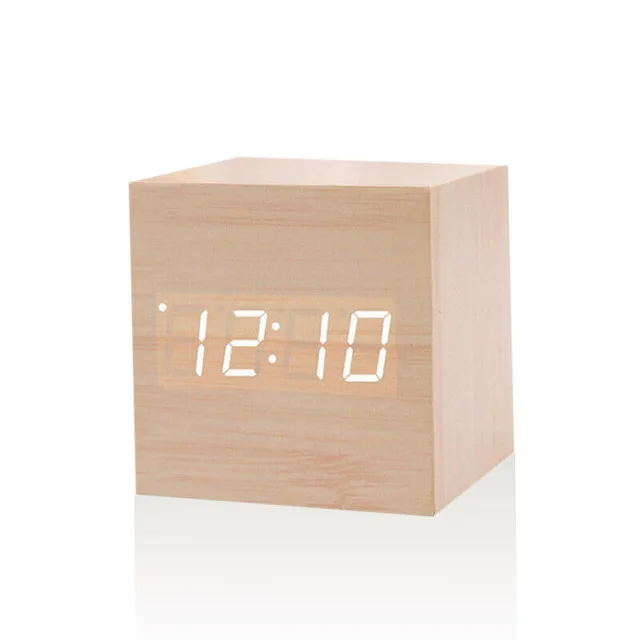 

Digital LED Sound Control 3 Alarms Small Square Cube Calendar Temperature Wooden Table Clock