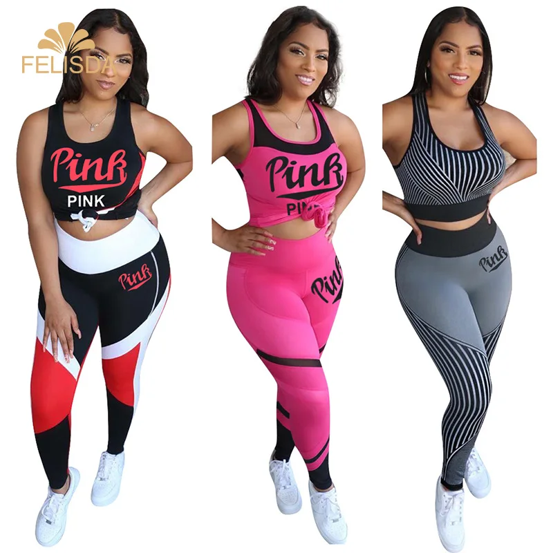 

Fashion Pink Women Set Summer Sportwear Halter Vest Crop Tops + Gym Leggings Elastic Pants Women Two Pieces Set Tracksuits