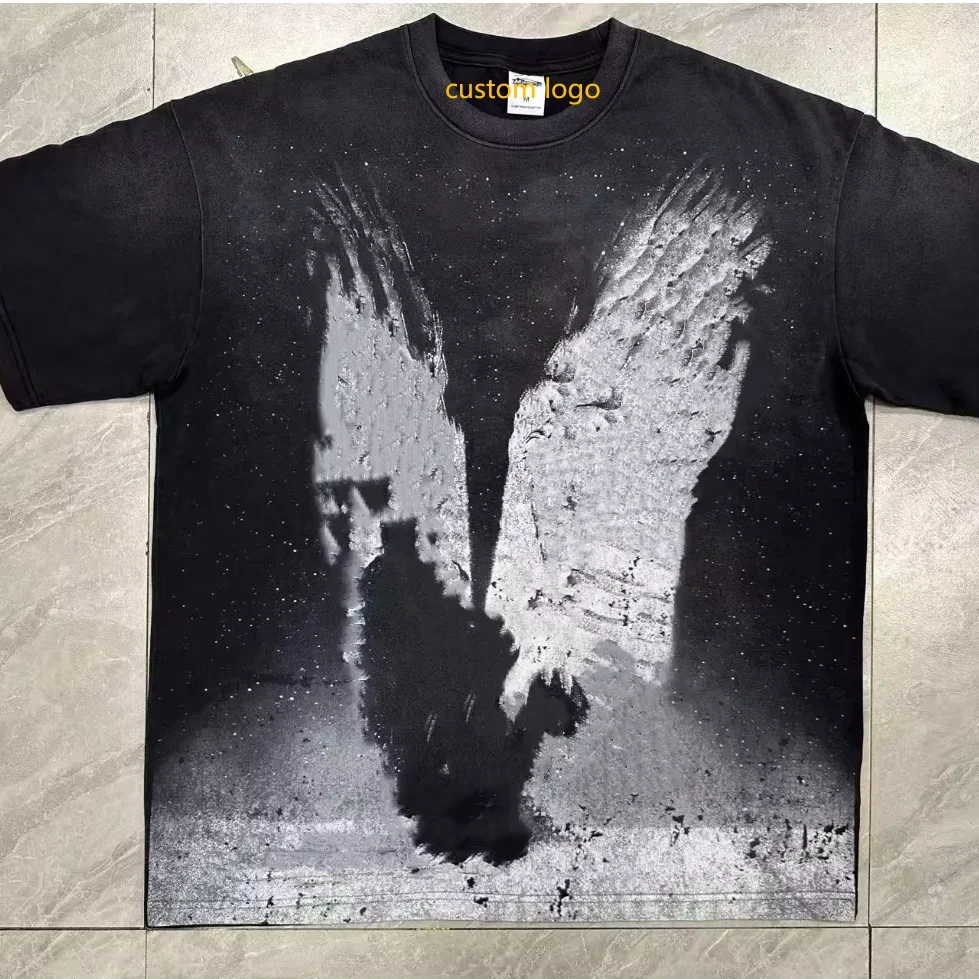 250gsm Heavy Weight Vintage T Shirt Washed Cotton Black T-shirts Black Oversized Acid Washed Digital Printing Graphic Tshirts