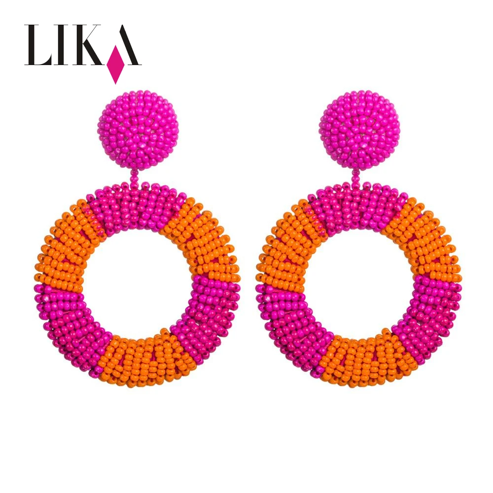 

LIKA Circle Boho Fashion Personality Bohemian Women's Hollow Hand-woven New Beaded Beads Round Hoop Drop Earrings for BEACH