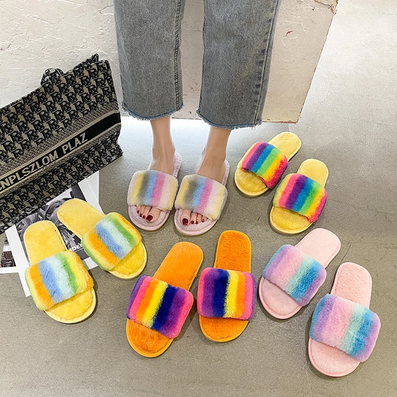 

Rainbow plush slippers autumn and winter women's home indoor one-word color-blocking plush cotton slippers