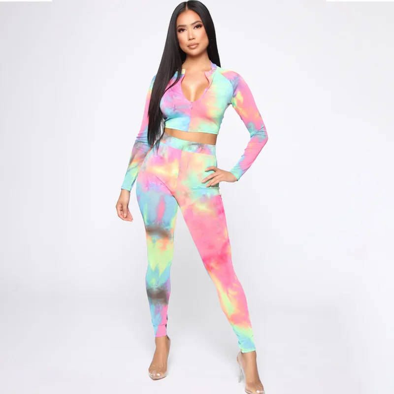 

2020 Hot selling women sexy Long sleeve zipper tops summer fashion ankle Length casual two piece set