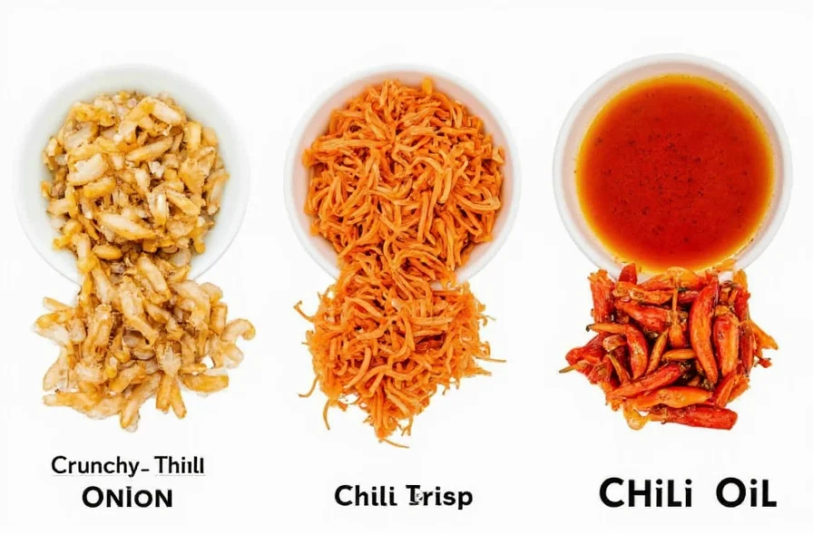 Comparison of different chili-based condiments showing texture differences between crunchy chili onion, chili crisp, and chili oil