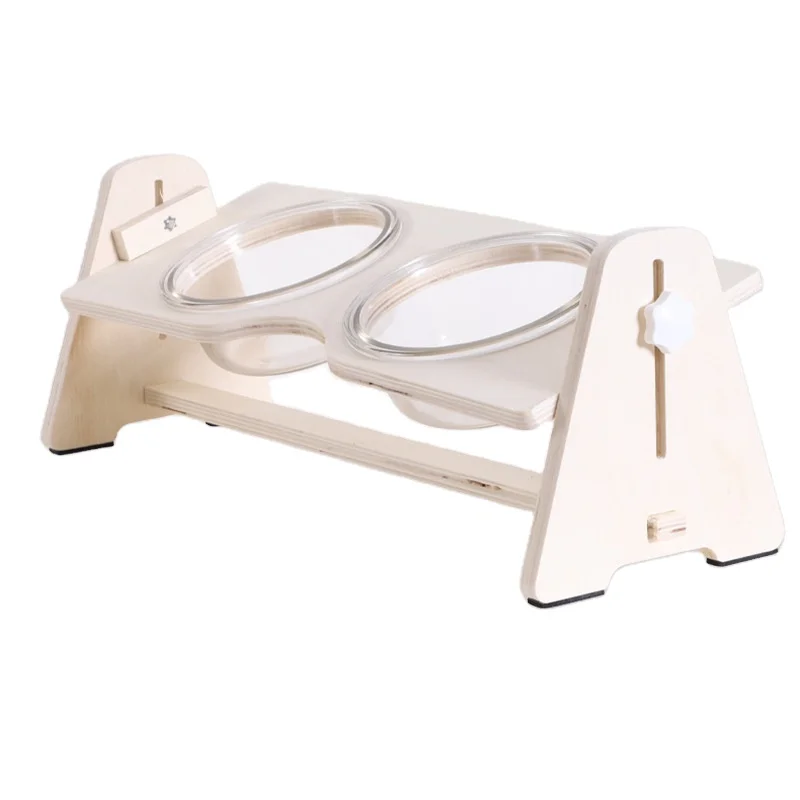 

Wooden frame double bowl glass pet bowl protects cervical spine cat food basin height angle adjustable stainless steel pet bowl