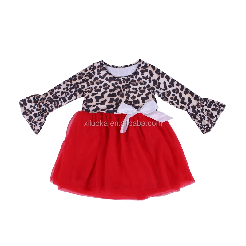 

Wholesale Leopard Print Ruffle Sleeve Kids Fashion Clothing Long Sleeve Girl Boutique Dress