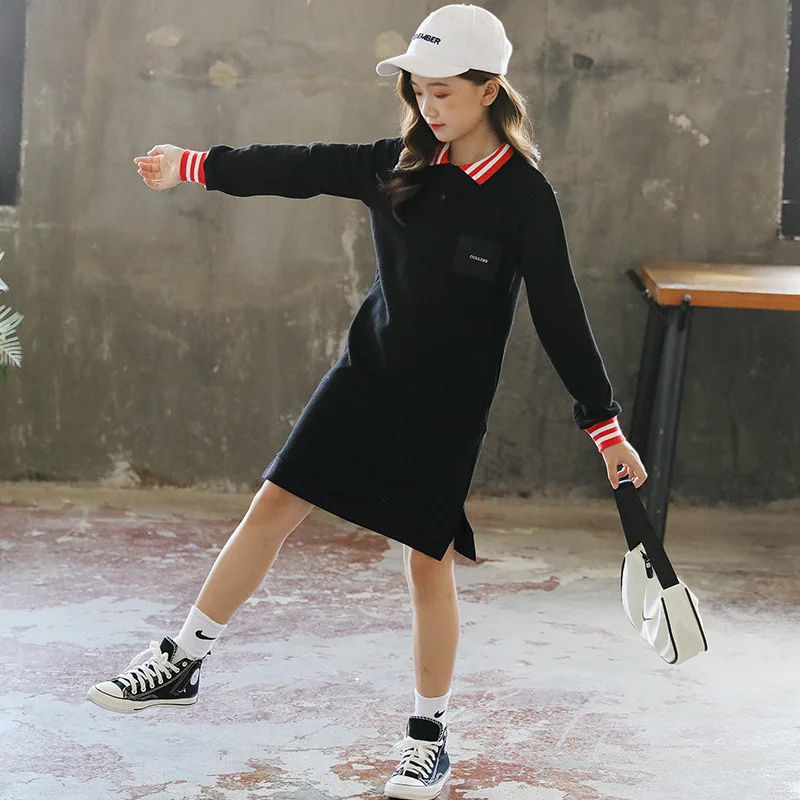 

Girls' sweater mid-length lapel long-sleeved dress