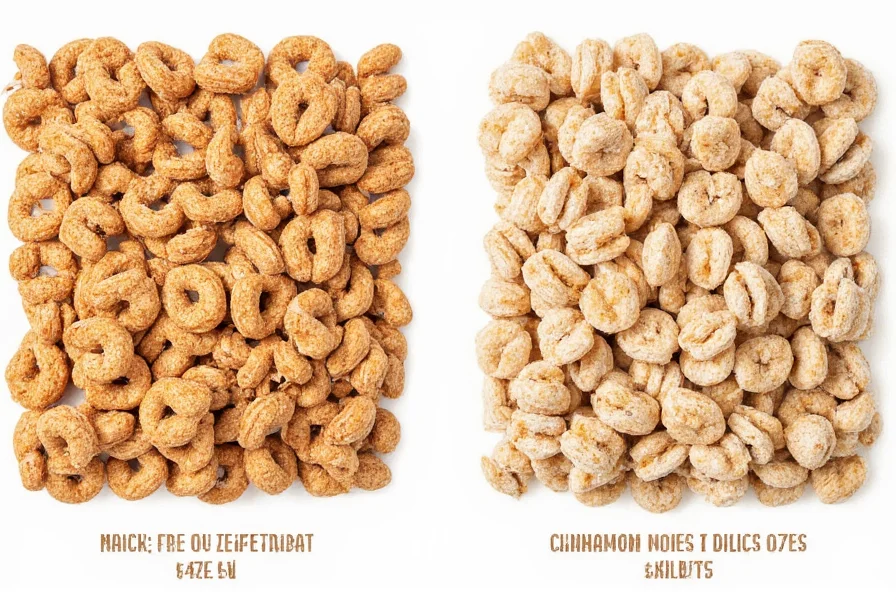 Side-by-side comparison of different cinnamon french toast cereal brands showing variations in color and piece size