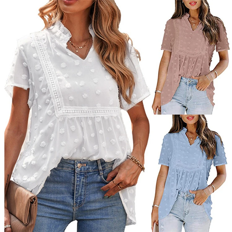 

DUODUOCOLOR Fashion summer new style solid color chiffon lacework short sleeve shirts women casual v neck tops D98155