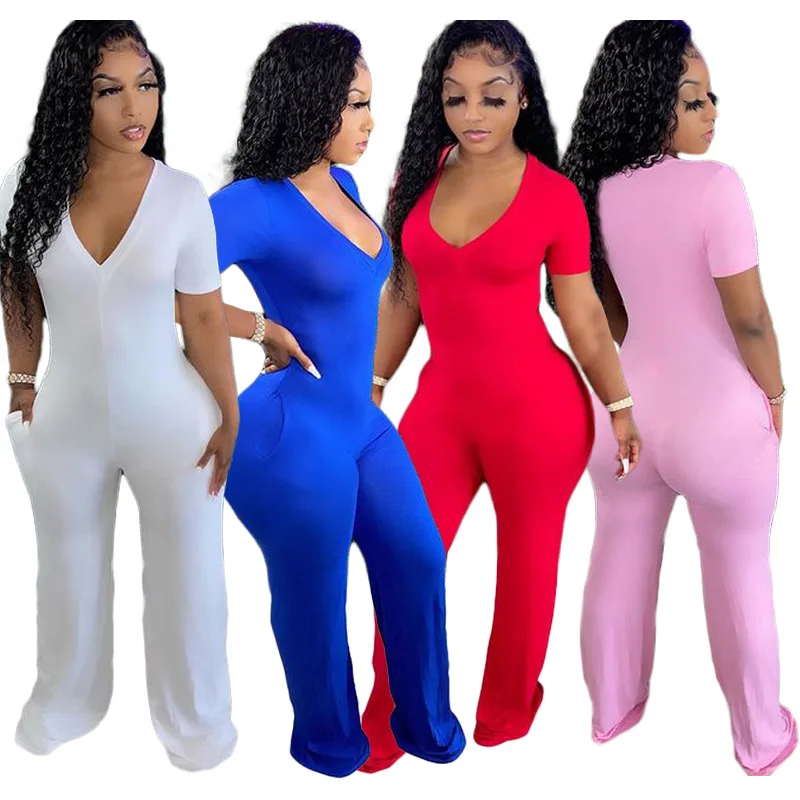 

HM-6527 New Ladies Fashion Stitching Casual V-Neck Pocket Wide-Leg Jumpsuit