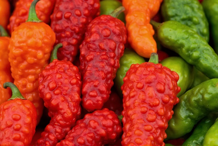 Close-up comparison of Carolina Reaper pepper next to common chili varieties showing distinctive bumpy texture and red color