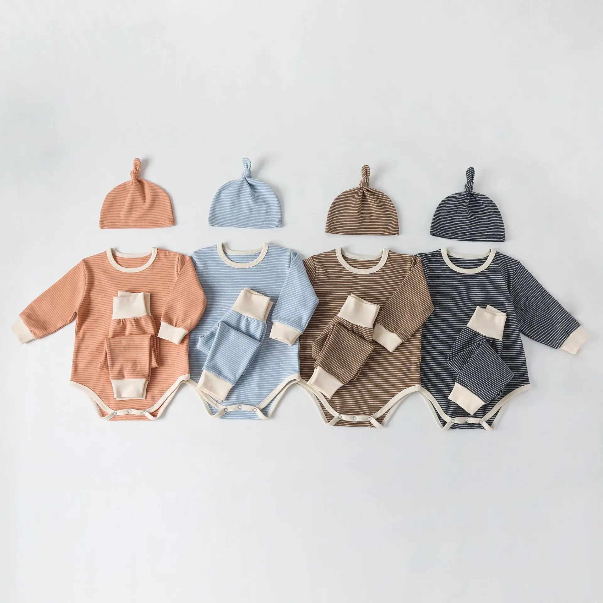 

Hot Sale Ins style 3 pcs spring neutral baby clothes set, baby romper+pant+hat Cotton baby boutique clothing, Various colors and patterns