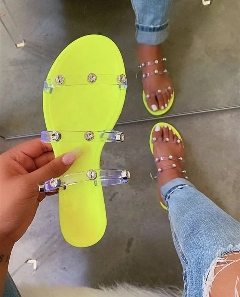 

Fashion Neon Color Women Wholesale Slides Shoes Transparent Clear PVC Diamond Rivets Flat Sandals Summer Beach Slippers 2020, Pink, black, green