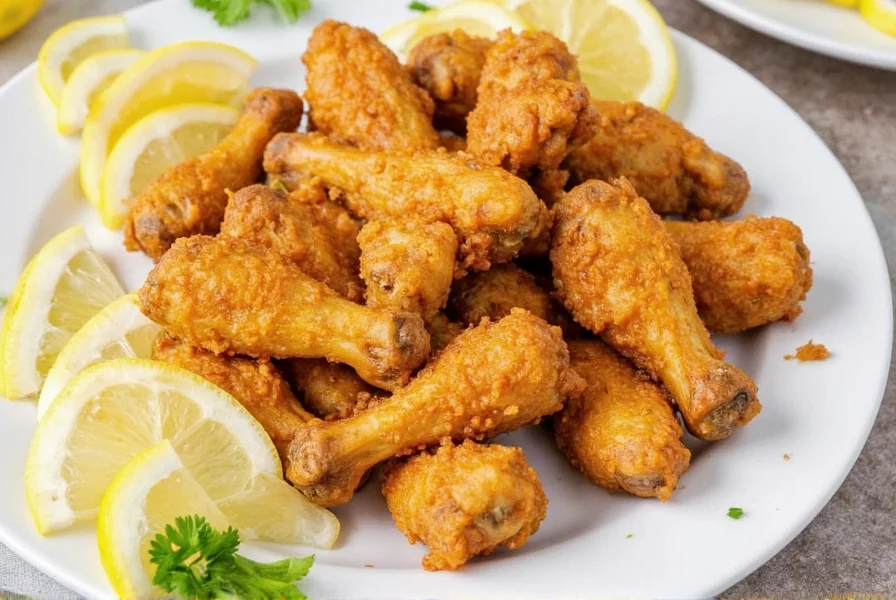 Crispy golden baked lemon pepper wings on white plate with lemon wedges and fresh parsley garnish