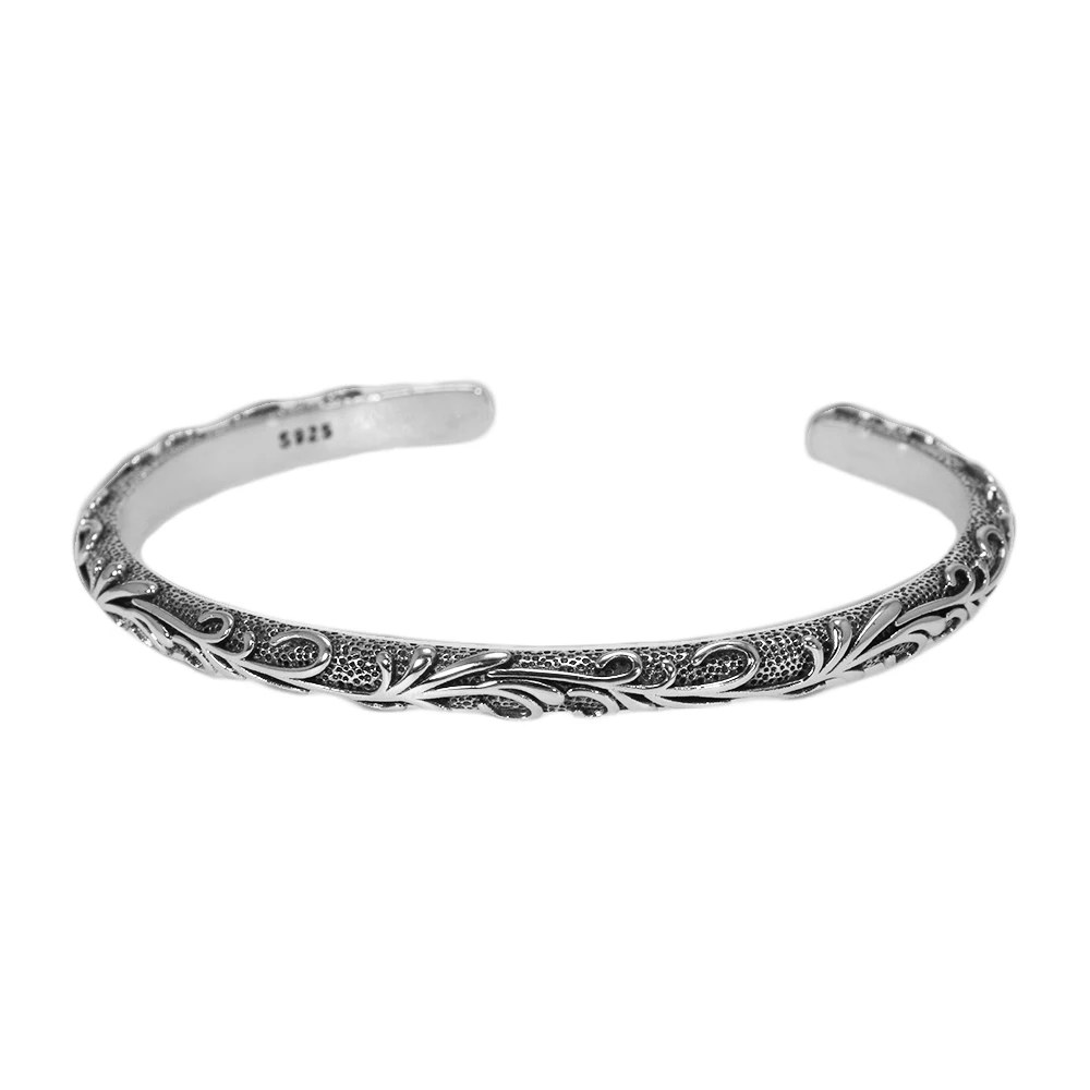 

S925 Sterling Silver Bracelets Bangles for Men and Women Retro Vine Flowers Embossed Vintage Elegant Jewelry