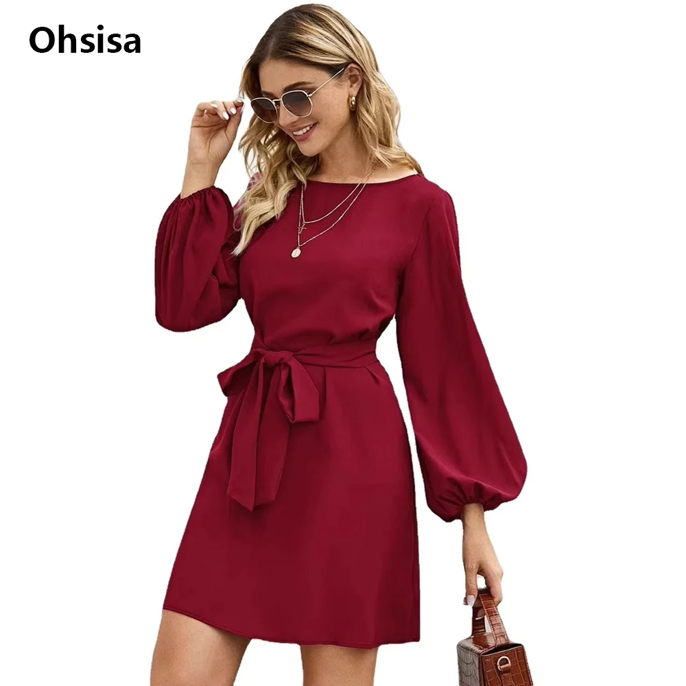 Elegant Long Sleeve O Neck Slimming Waist Belt Dress