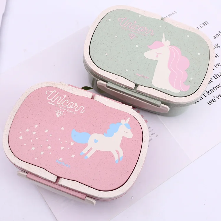 

Feiyou 2020 new cartoon cute unicorn 2 layer food containers eco reusable wheat straw tiffin bento lunch box for school, Pink,green