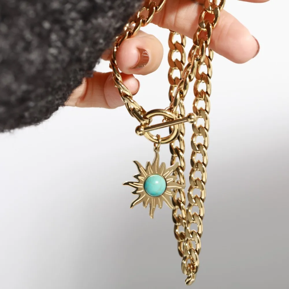 

ST007 High Quality 18K Gold Plated Turquoise Sun Stainless Steel Necklace Jewelry
