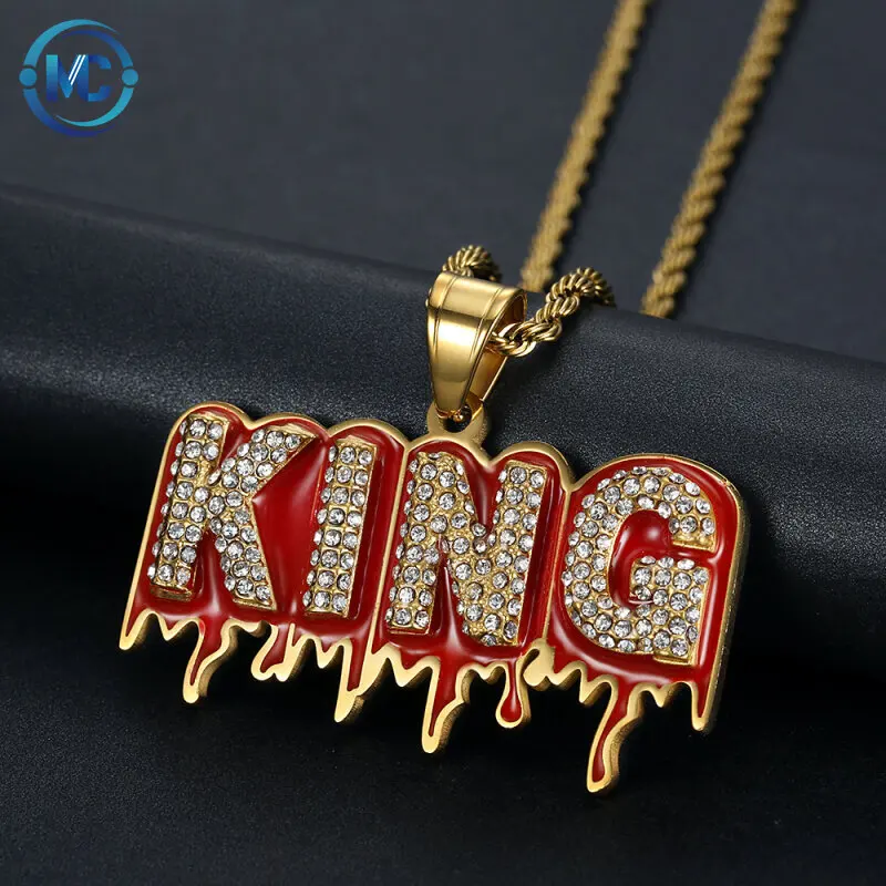 

2021 Hip hop iced out King letter Red Enamel For Men Hip Hop Jewelry pendant