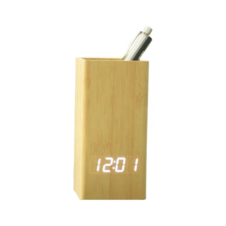 

EMAF Newest 3 in 1 wooden led alarm clock with pen holder and flower pot