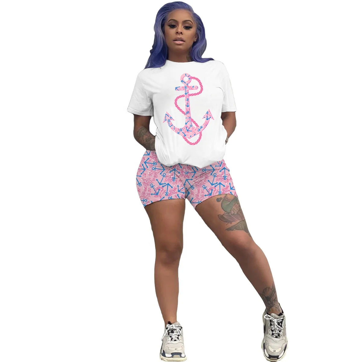 

AI10-7333 Hot Sale Europe and America Fashion Casual Anchor Print Two Piece Set
