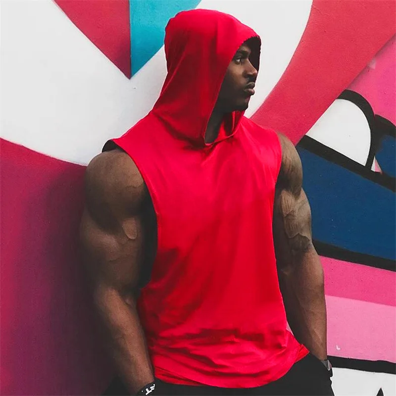 

Custom logo cheap blank plain drop armhole muscle fitness mens cotton hooded tank top, Available