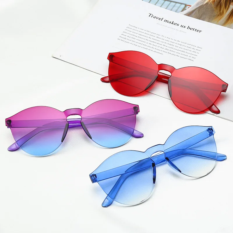 

Cheap Wholesale Shades Sunglasses With Candy Color Lens One Piece Rimless Sunglasses, As pictures show
