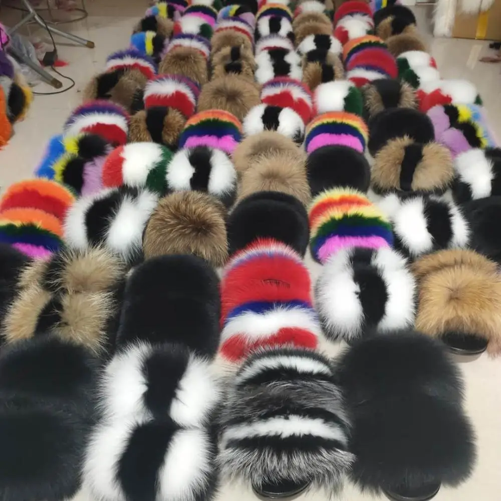 

Wholesale fluffy fur slippers women's soft sandals nature color slippers