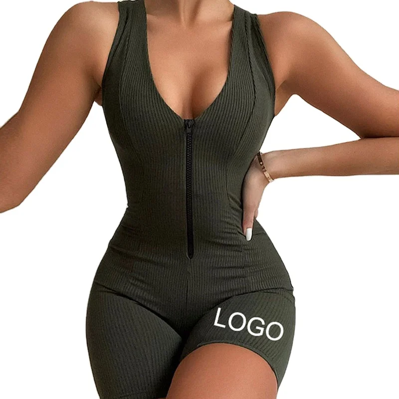 

Fashion Summer 2021 New Arrivals Casual 4 Color Women Sexy V-neck Sleeveless One Piece Short Bodycon Zipper Jumpsuit, Picture