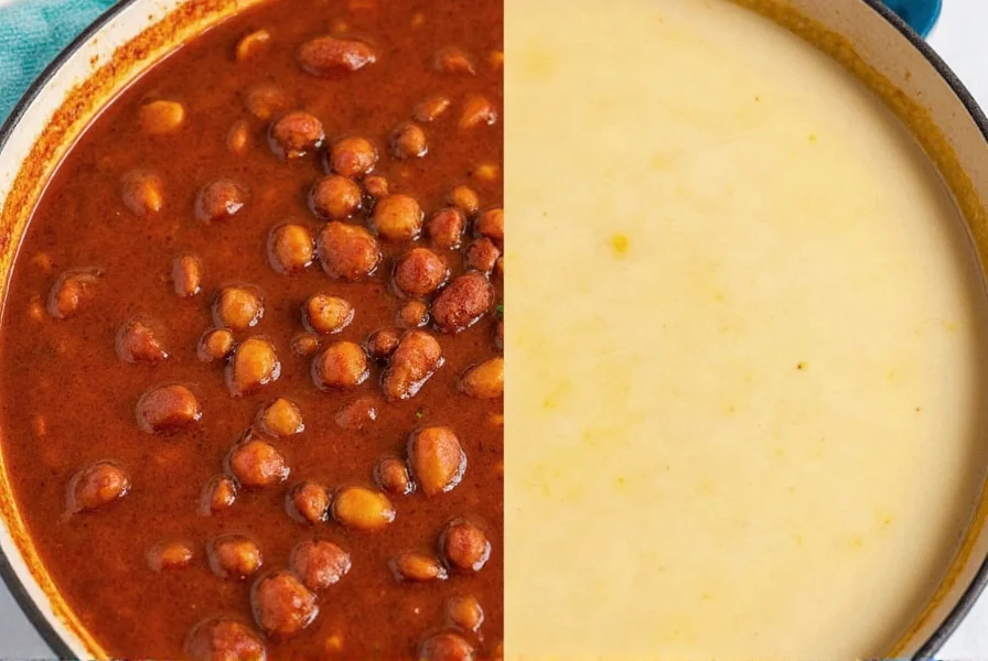 Side-by-side comparison of traditional chili versus clear broth soup showing texture differences