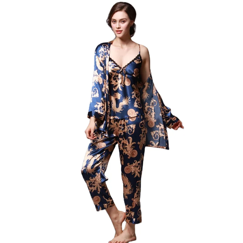 

2021 Ice Silk couple pajamas women's summer three-piece long sleeve men's robes bathrobe home wear unique printing
