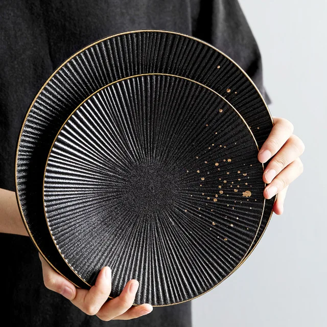 

Matte Black Ceramic Dinner Plates Golden Polka Dot Steak Pasta Sushi Plate Kitchen Tableware Set Hotel Restaurant Plate