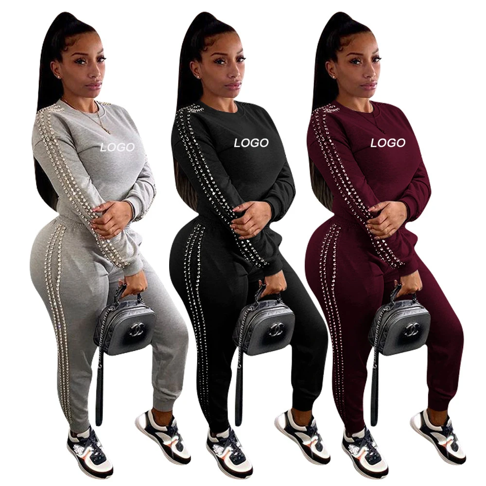 

custom casual winter long sleeves Pearl women 2 two piece pants set women clothing jogging suits sweat suits set, 3 colors