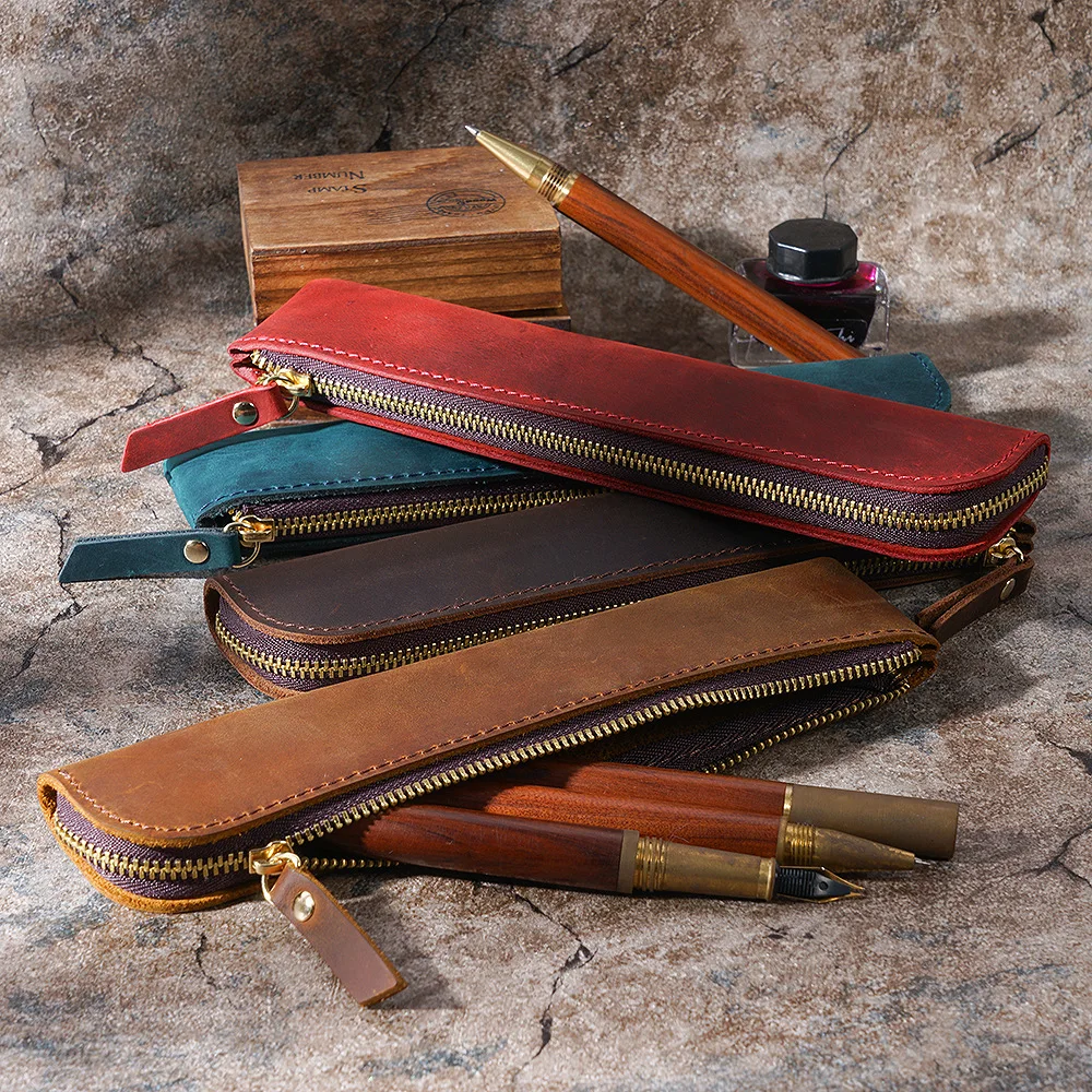 

Vintage Leather Pencil Case Handmade Genuine Leather Pen Holder with Zipper Pencil Bag Pouch, Black,coffe,brown,wine red,army green,navy blue