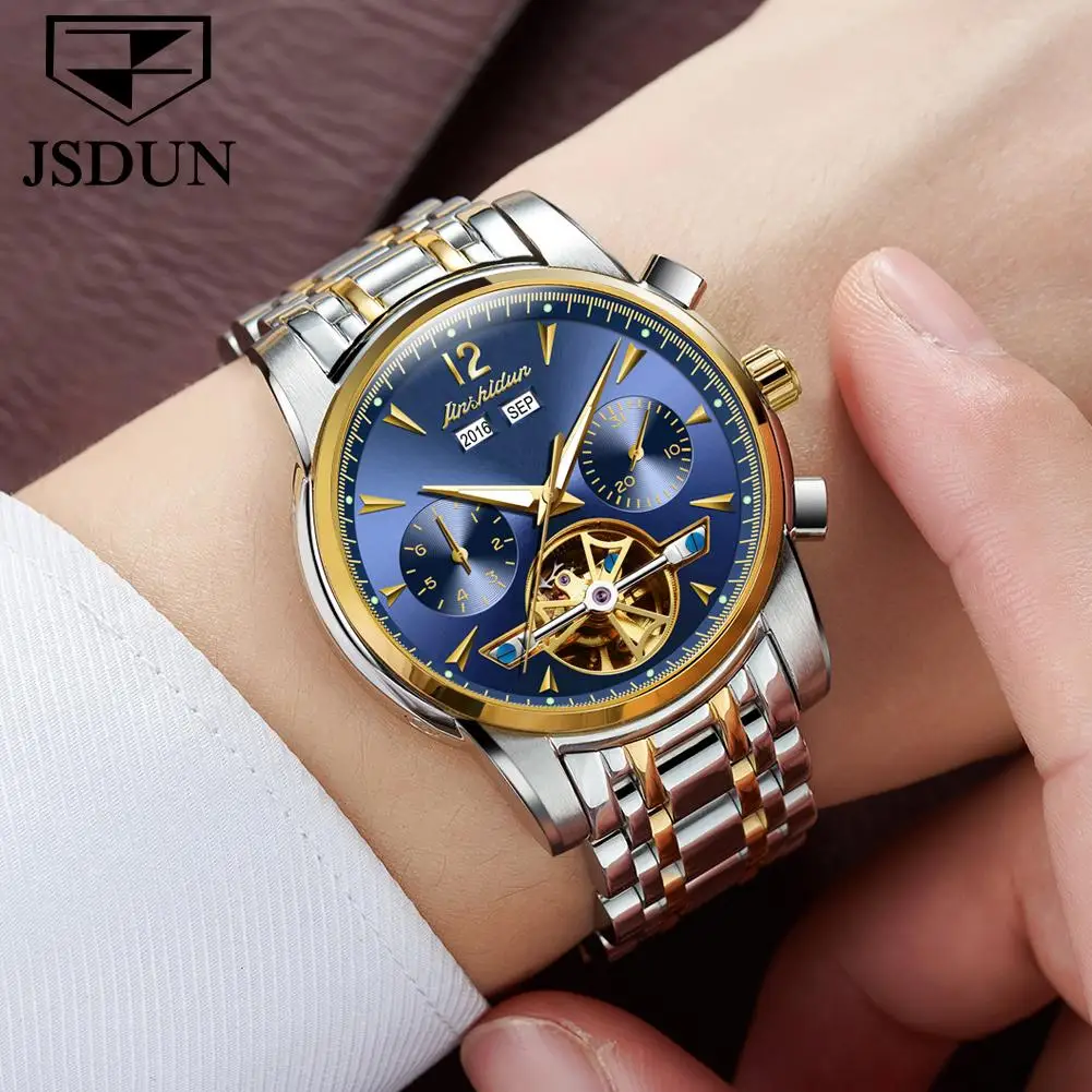 Men Luxury Brand Watch JSDUN Mechanical WristWatch Fashion Business Steel Band Automatic Calendar Water Resistant Hand Clock