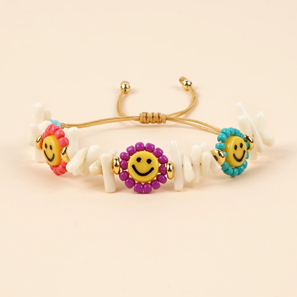 

Go2boho New In White Coral Smiling Face Sunflower Bracelets For Women Summer Beach Lucky Fashion Jewelry
