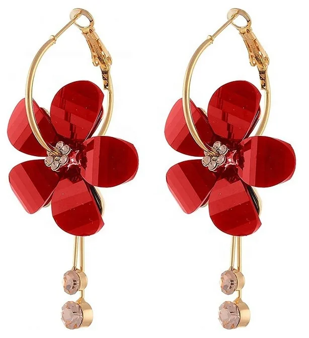 

Fashion sweet long tassel crystal camellia flower alloy big earrings for vacation, White/black/red/brown