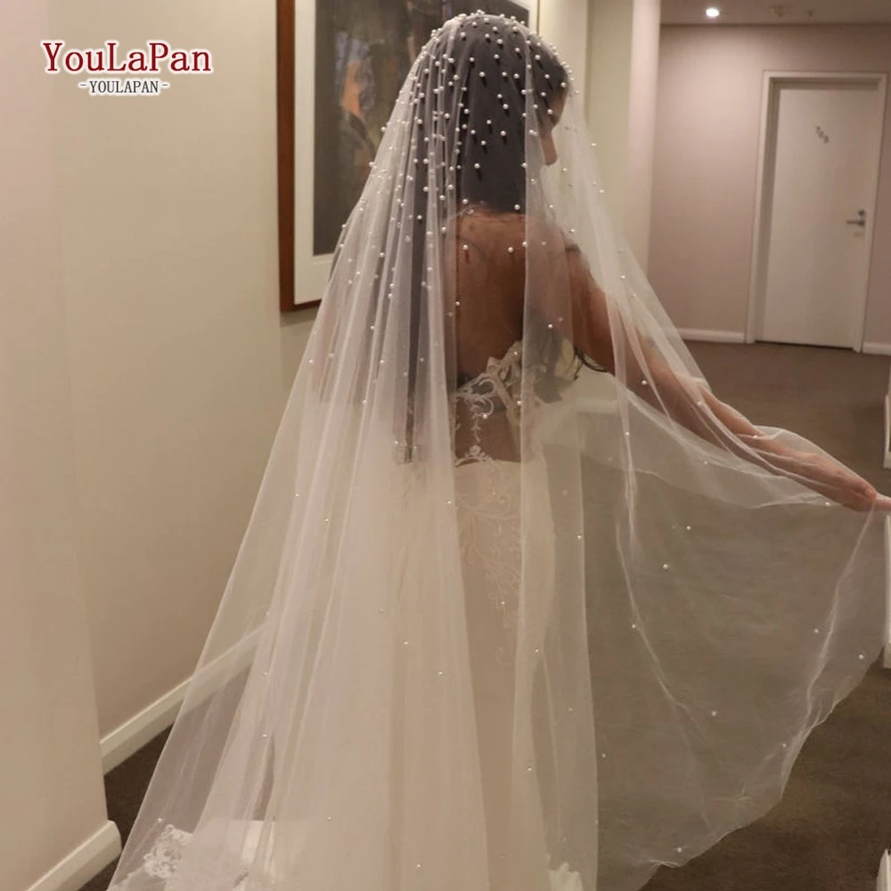 

YouLaPan V08 Long Tulle White Pearl Bridal Veil Cathedral Veil for wedding Dress Accessories, White/ivory