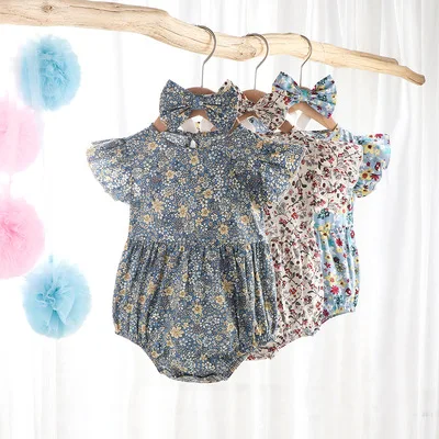 

Wholesale Baby girls jumpsuit ruffled sleeveless flower printed romper and headband for babies, Picture shows