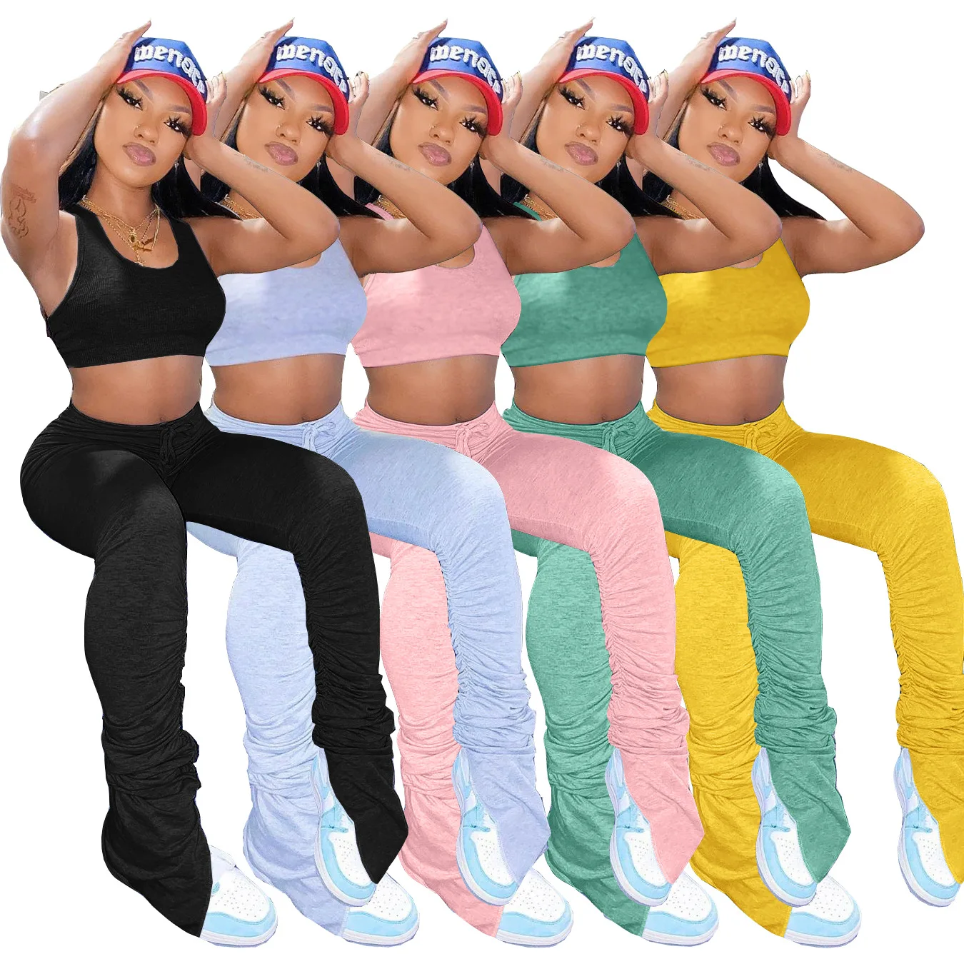 

2021 Women Solid Color Yoga Slit Pants Joggers Sports Stacked Trousers Leggings Stacked For Women Two Piece Set