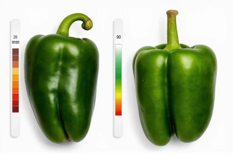 Side-by-side comparison of fresh poblano peppers and bell peppers with heat scale indicator