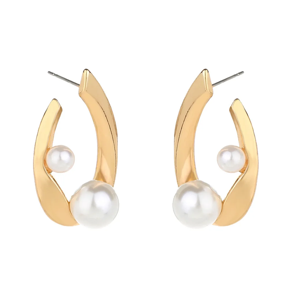 

Simple Design Pearl Geometric Irregular Hoop Earrings Gold U Shape Hoop Earrings