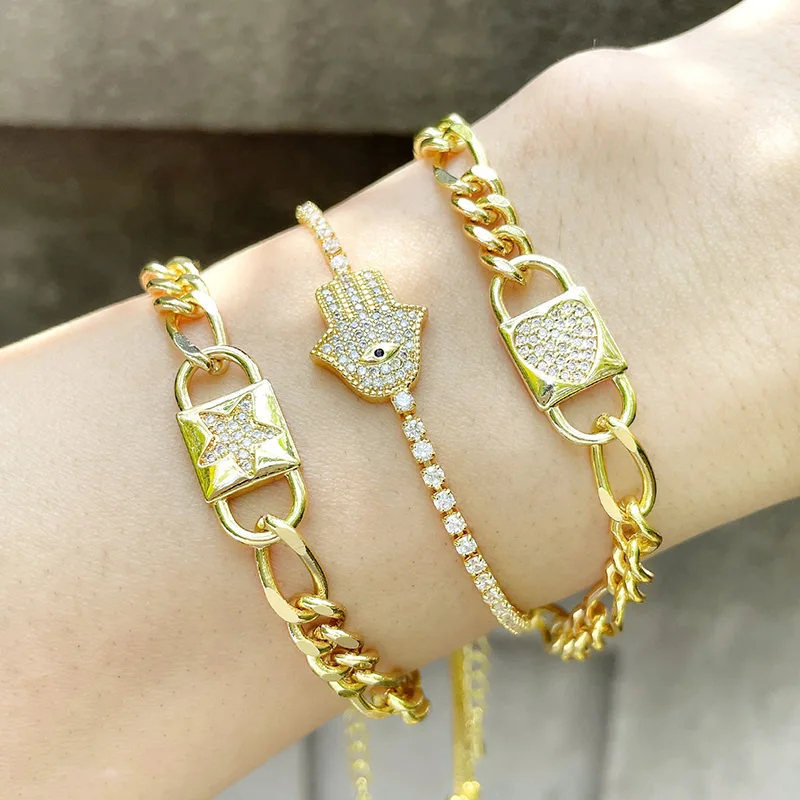 

18K Gold Plated Simple Hip-Hop Lock-shaped Love Zircon Trendy Bracelet Jewelry, Yellow,blue,green,red,orange,gold