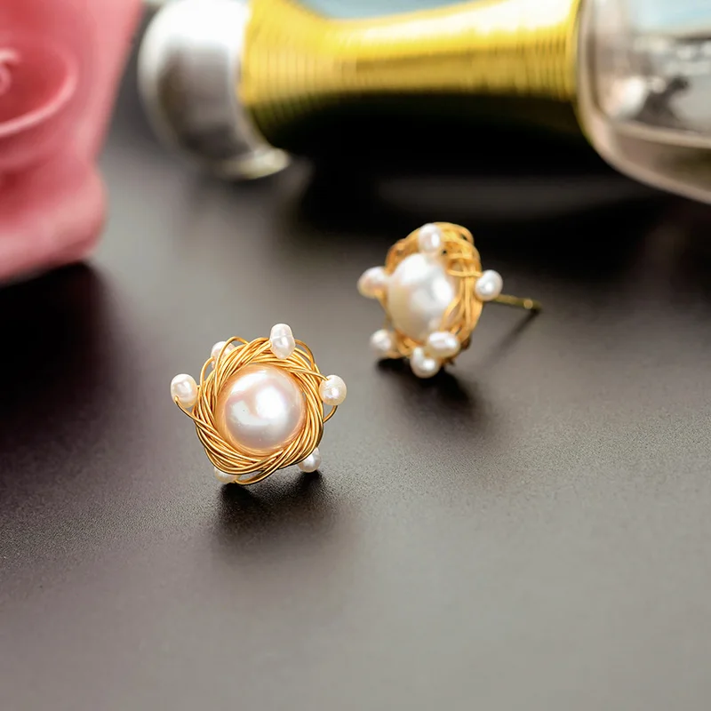 

90173 Handmade Baroque FreshWater Pearl Earring Stud Earrings Women Winding Braided Pearl Earrings