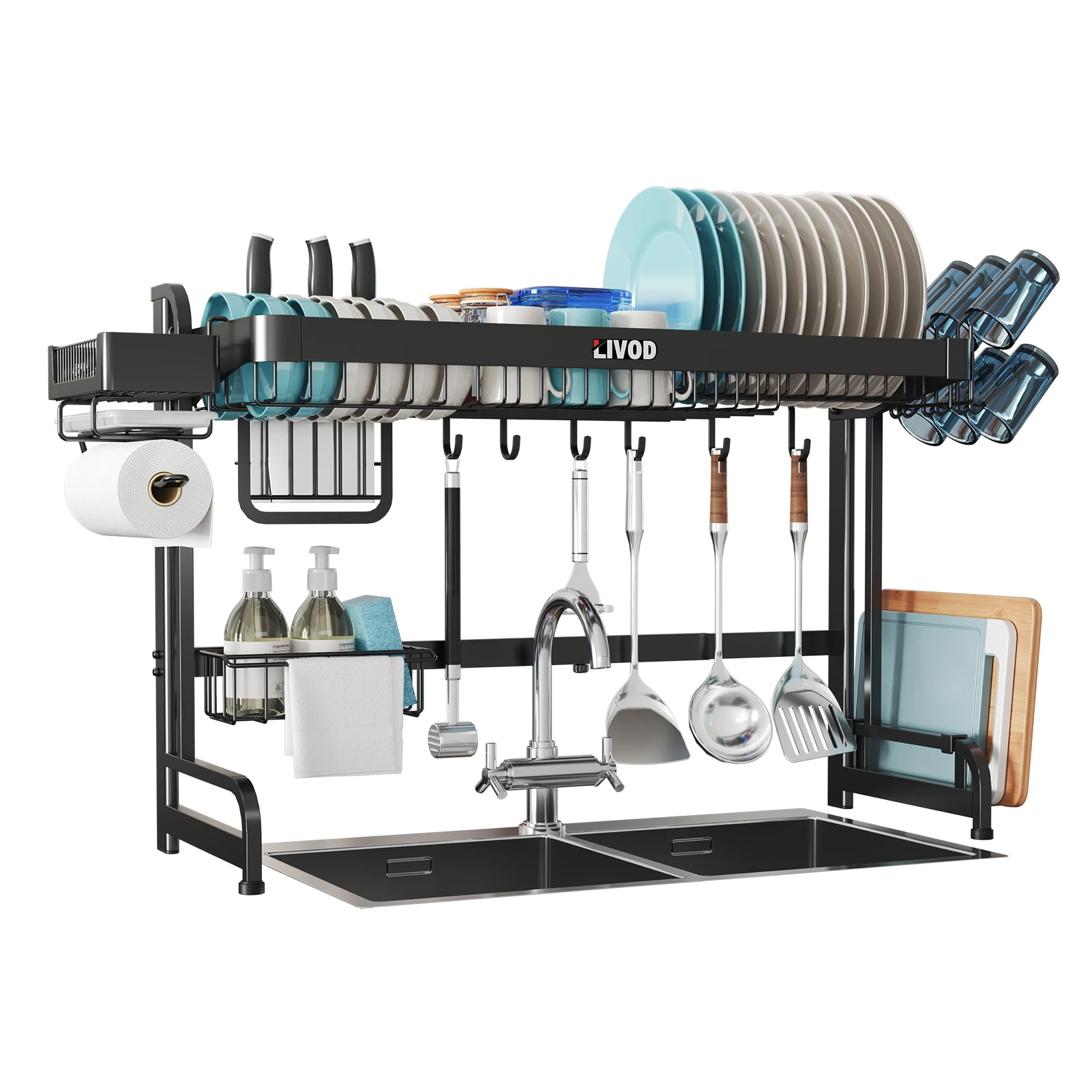 

LIVOD Over The Sink Dish Drying Rack Adjustable,Expandable Large Dish Rack and Drainboard Set,Black
