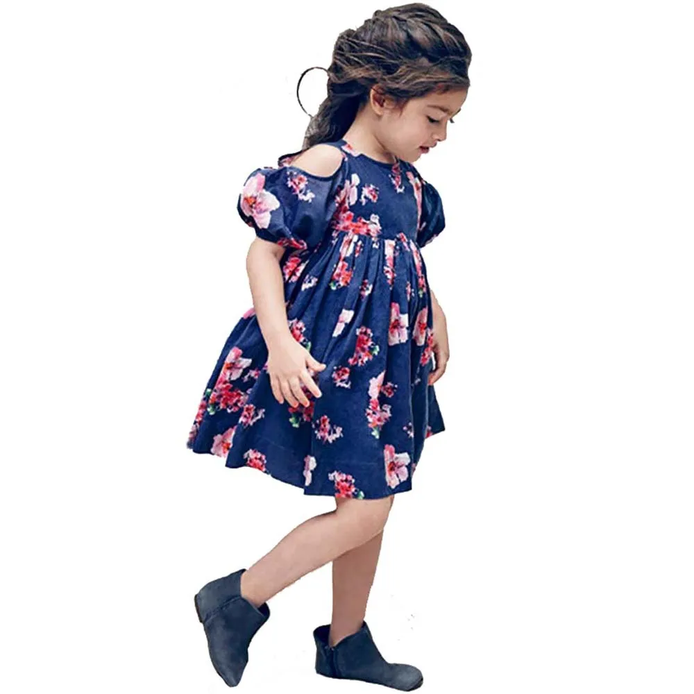 

Off Shoulder Short Sleeve Ruffles Floral Baby Girl Dresses Summer
