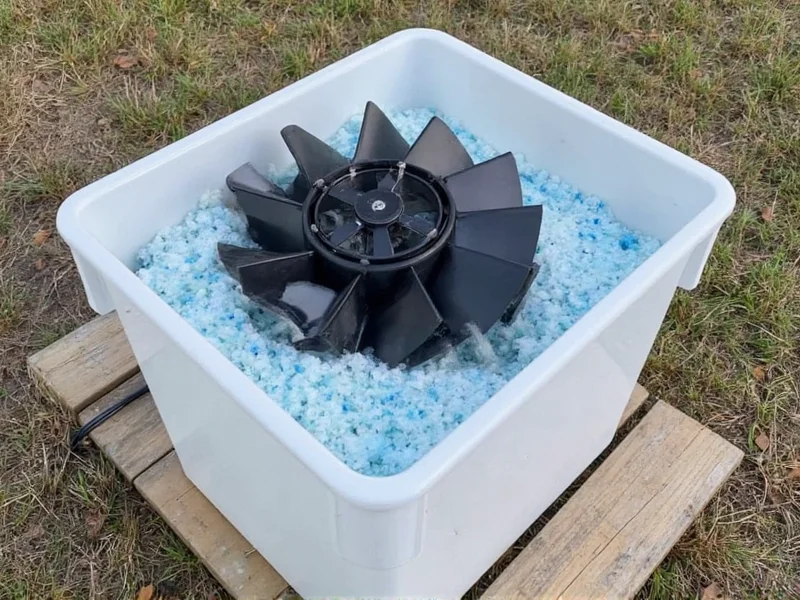DIY evaporative cooler assembly showing fan mounted on plastic bin with cooling media