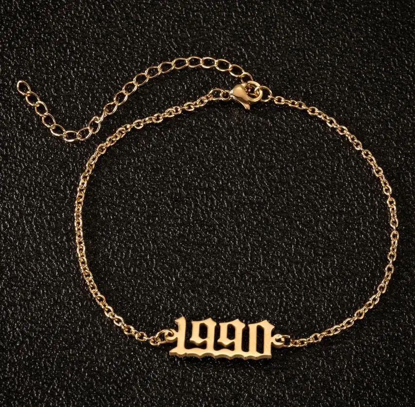 
stainless steel gold plated birth year ankle bracelet,adjustable chain beach anklets foot jewelry anniversary 1980-2020 year 