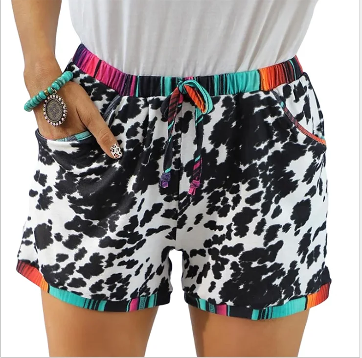 

Plus Size Leopard Cow Printed Draw String Sports Causal Woman Shorts, Picture