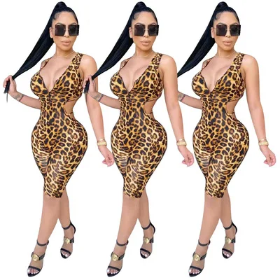 

B35916A 2021 European Woman casual lady club wear leopard print bandage jumpsuit